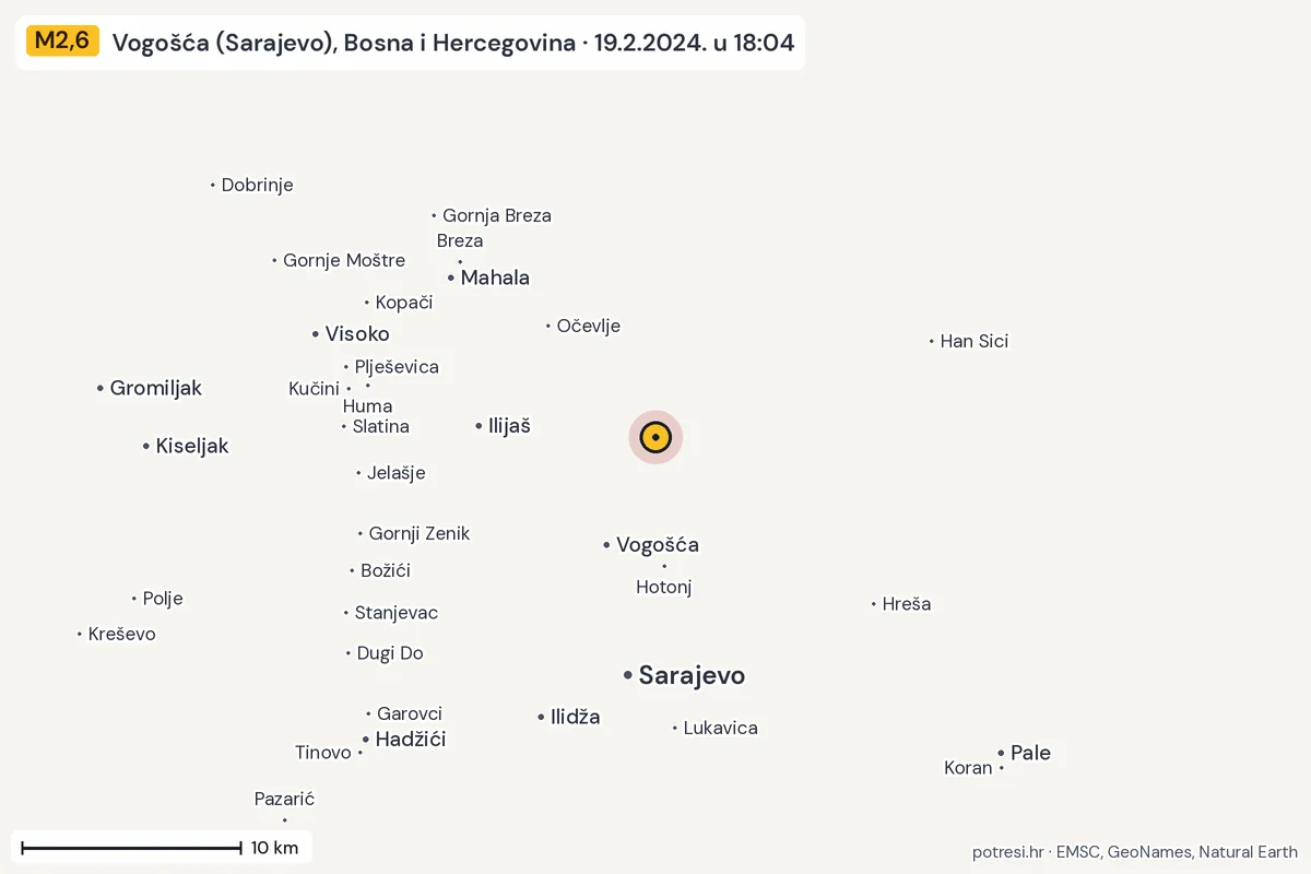 Karta: okolica epicentra, 60 km, potres M2,6, Vogošća (Sarajevo), Bosna i Hercegovina, 19.2.2024.