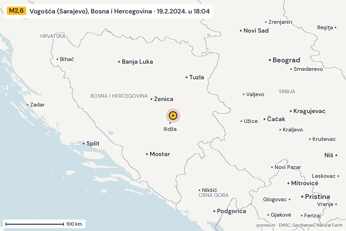 Karta: šire područje, 600 km, potres M2,6, Vogošća (Sarajevo), Bosna i Hercegovina, 19.2.2024.