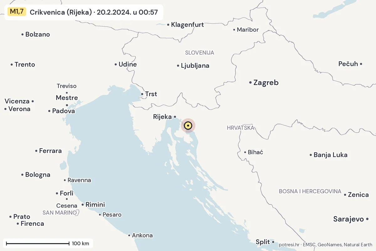 Karta: šire područje, 600 km, potres M1,7, Crikvenica (Rijeka), 20.2.2024.