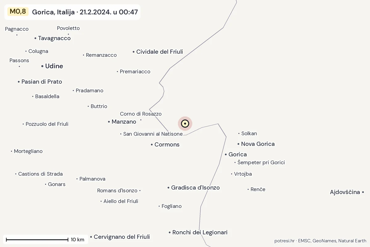 Karta: okolica epicentra, 60 km, potres M0,8, Gorica, Italija, 21.2.2024.