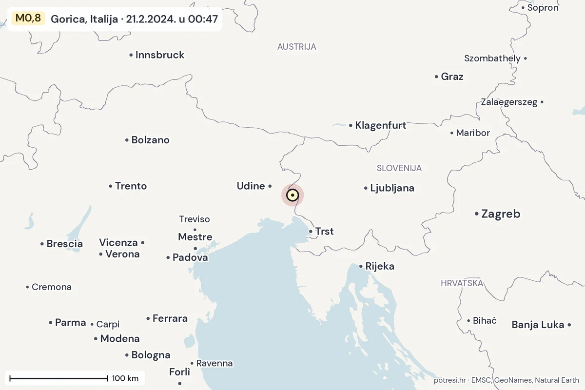 Karta: šire područje, 600 km, potres M0,8, Gorica, Italija, 21.2.2024.