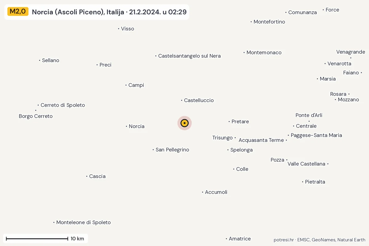 Karta: okolica epicentra, 60 km, potres M2,0, Norcia (Ascoli Piceno), Italija, 21.2.2024.