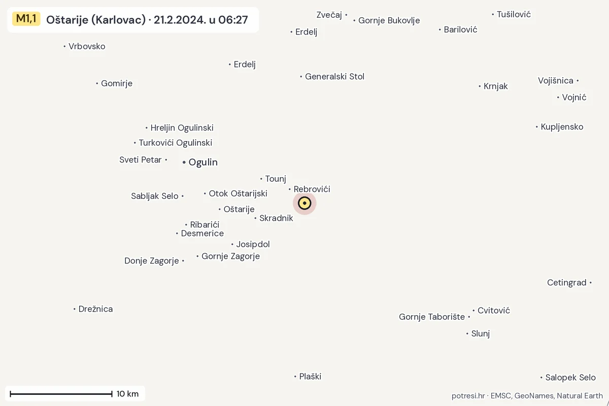 Karta: okolica epicentra, 60 km, potres M1,1, Oštarije (Karlovac), 21.2.2024.