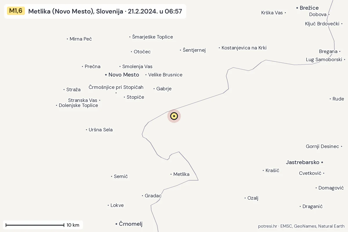 Karta: okolica epicentra, 60 km, potres M1,6, Metlika (Novo Mesto), Slovenija, 21.2.2024.