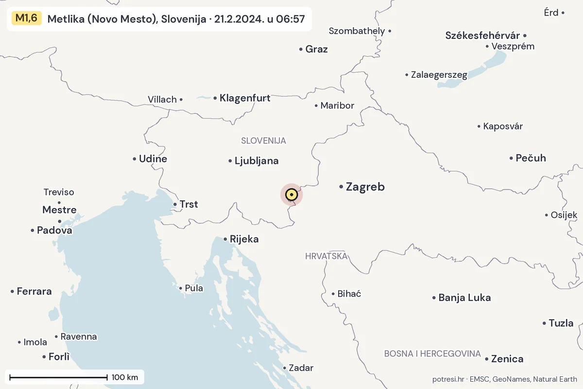 Karta: šire područje, 600 km, potres M1,6, Metlika (Novo Mesto), Slovenija, 21.2.2024.