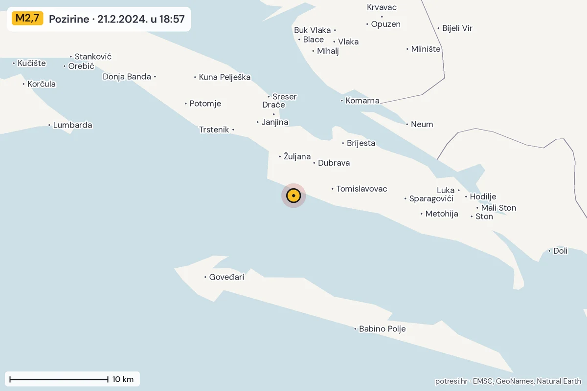 Karta: okolica epicentra, 60 km, potres M2,7, Pozirine, 21.2.2024.