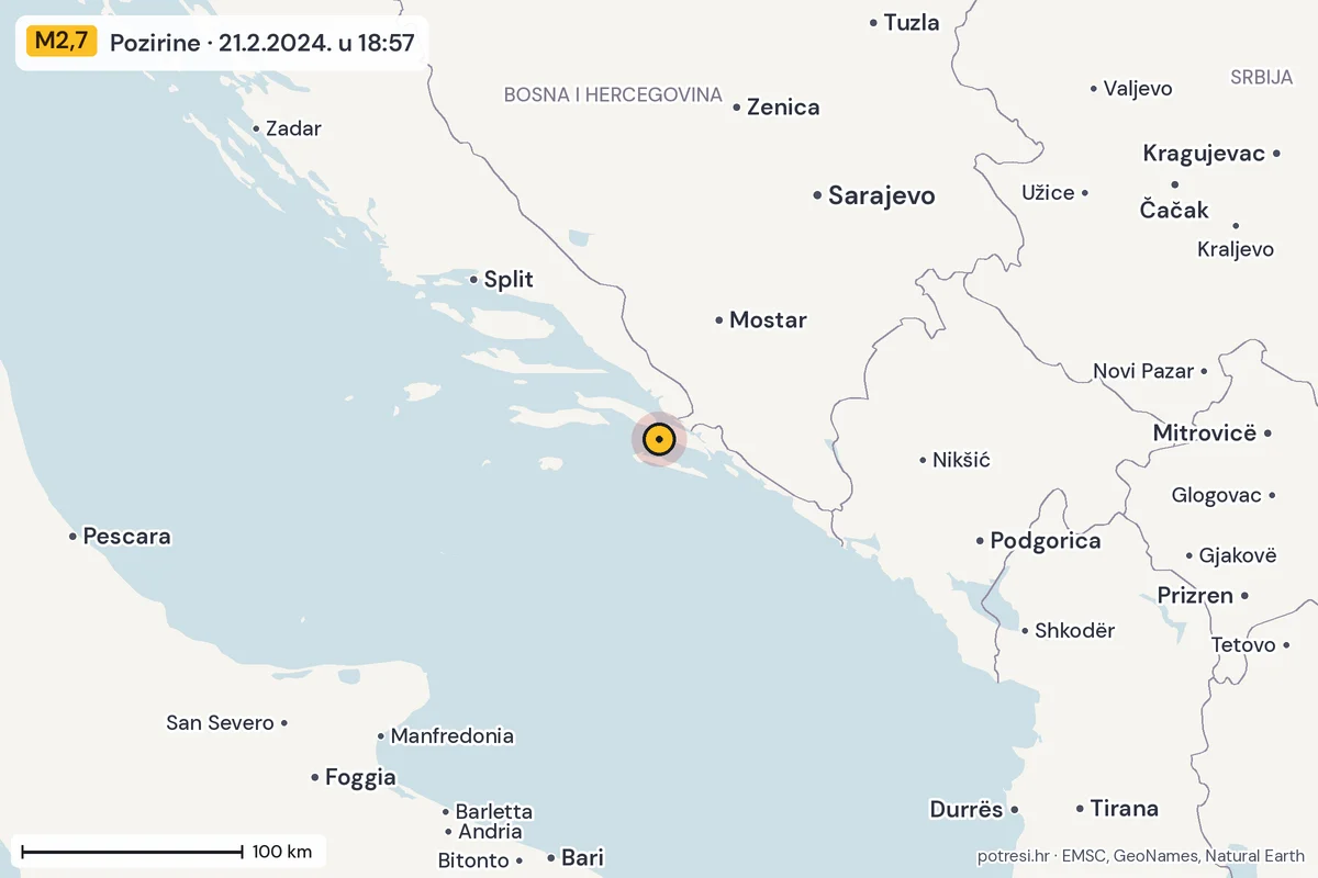 Karta: šire područje, 600 km, potres M2,7, Pozirine, 21.2.2024.