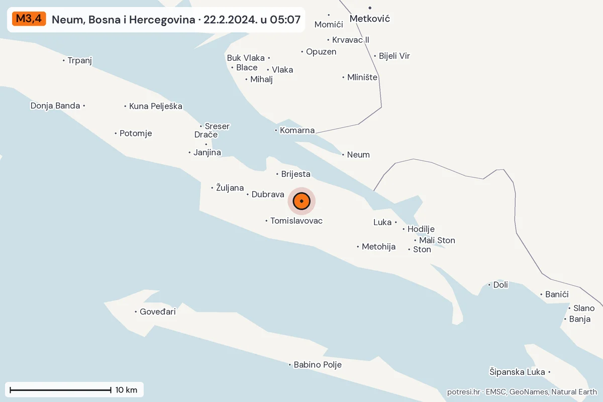 Karta: okolica epicentra, 60 km, potres M3,4, Neum, Bosna i Hercegovina, 22.2.2024.