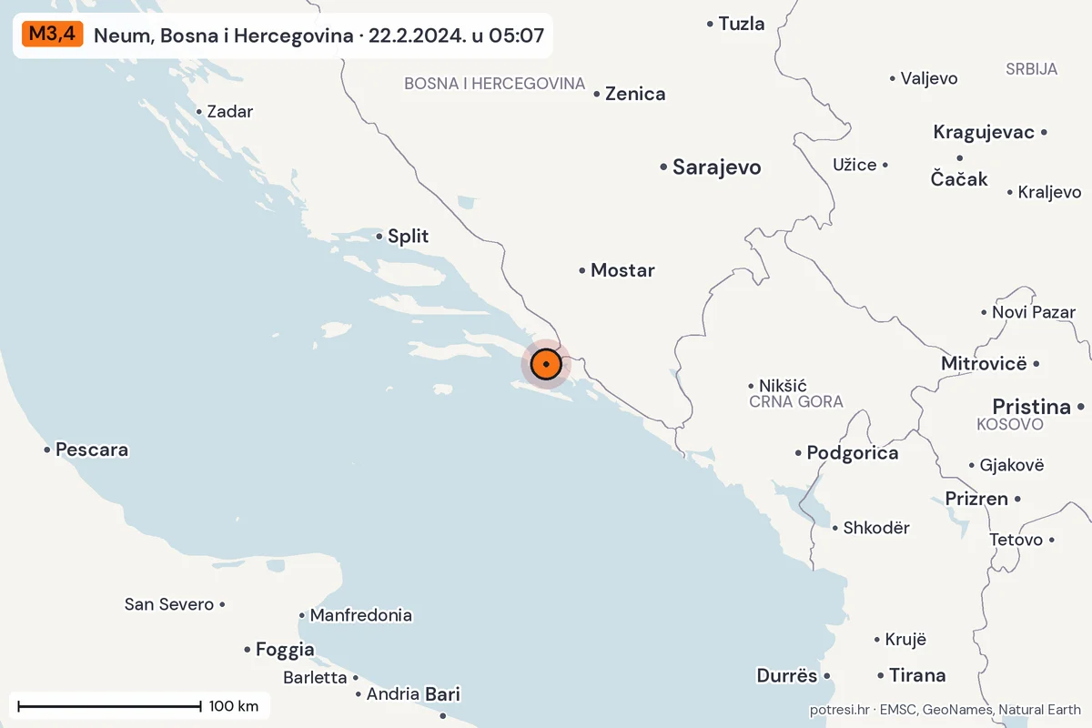 Karta: šire područje, 600 km, potres M3,4, Neum, Bosna i Hercegovina, 22.2.2024.