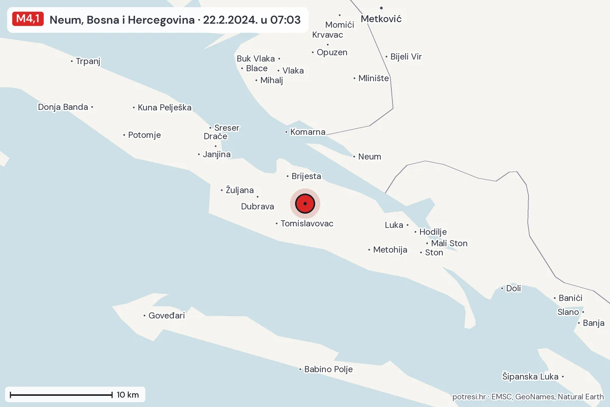 Karta: okolica epicentra, 60 km, potres M4,1, Neum, Bosna i Hercegovina, 22.2.2024.
