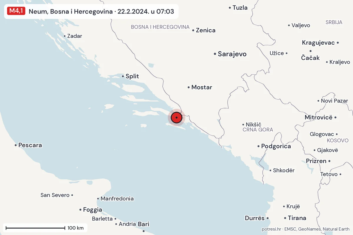 Karta: šire područje, 600 km, potres M4,1, Neum, Bosna i Hercegovina, 22.2.2024.