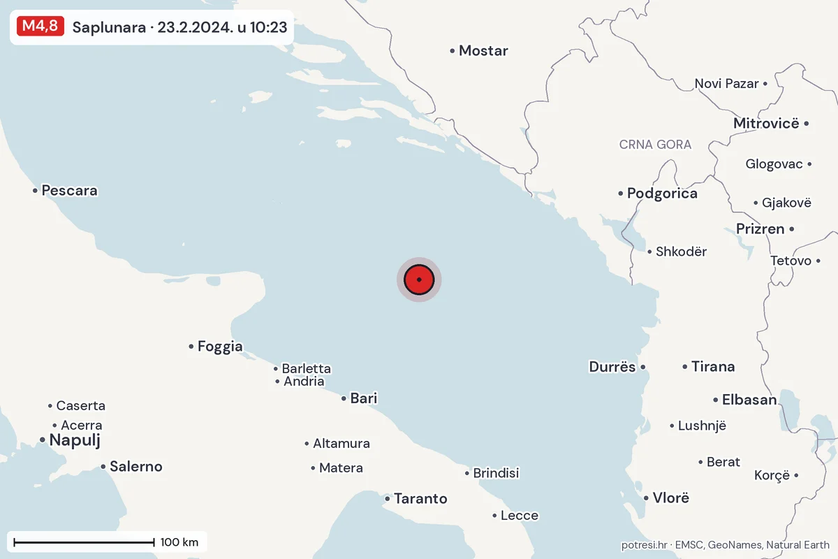 Karta: šire područje, 600 km, potres M4,8, Saplunara, 23.2.2024.