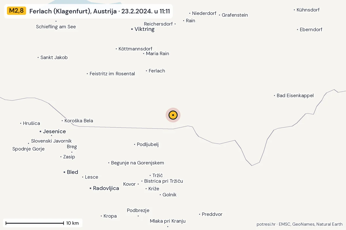 Karta: okolica epicentra, 60 km, potres M2,8, Ferlach (Klagenfurt), Austrija, 23.2.2024.