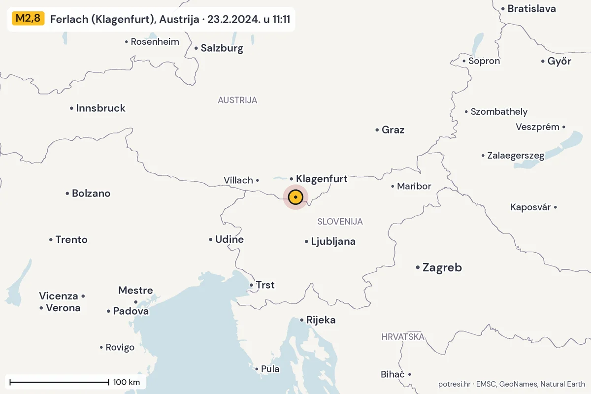 Karta: šire područje, 600 km, potres M2,8, Ferlach (Klagenfurt), Austrija, 23.2.2024.