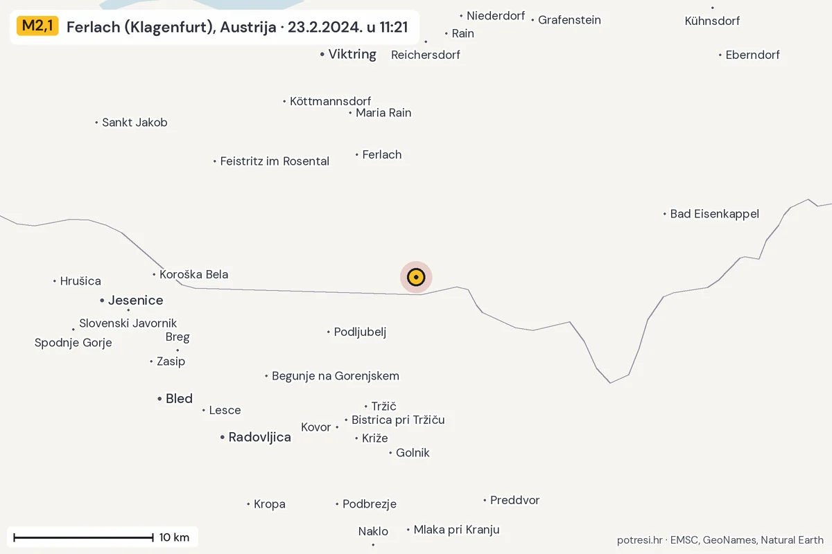 Karta: okolica epicentra, 60 km, potres M2,1, Ferlach (Klagenfurt), Austrija, 23.2.2024.