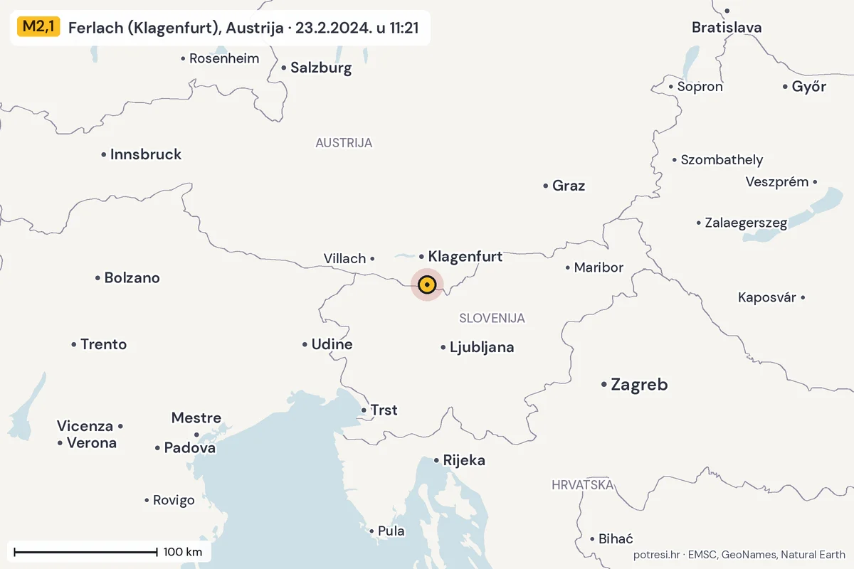 Karta: šire područje, 600 km, potres M2,1, Ferlach (Klagenfurt), Austrija, 23.2.2024.