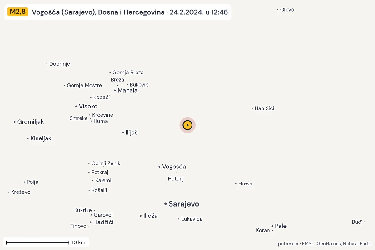 Karta: okolica epicentra, 60 km, potres M2,8, Vogošća (Sarajevo), Bosna i Hercegovina, 24.2.2024.