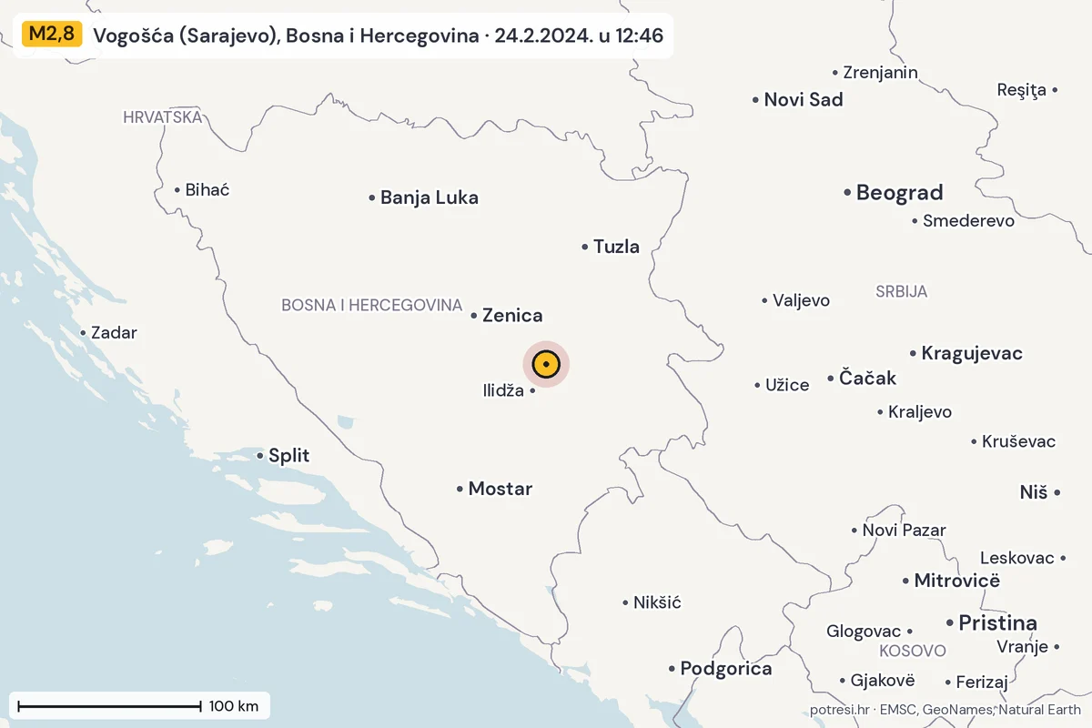 Karta: šire područje, 600 km, potres M2,8, Vogošća (Sarajevo), Bosna i Hercegovina, 24.2.2024.