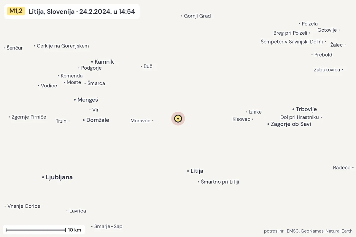 Karta: okolica epicentra, 60 km, potres M1,2, Litija, Slovenija, 24.2.2024.