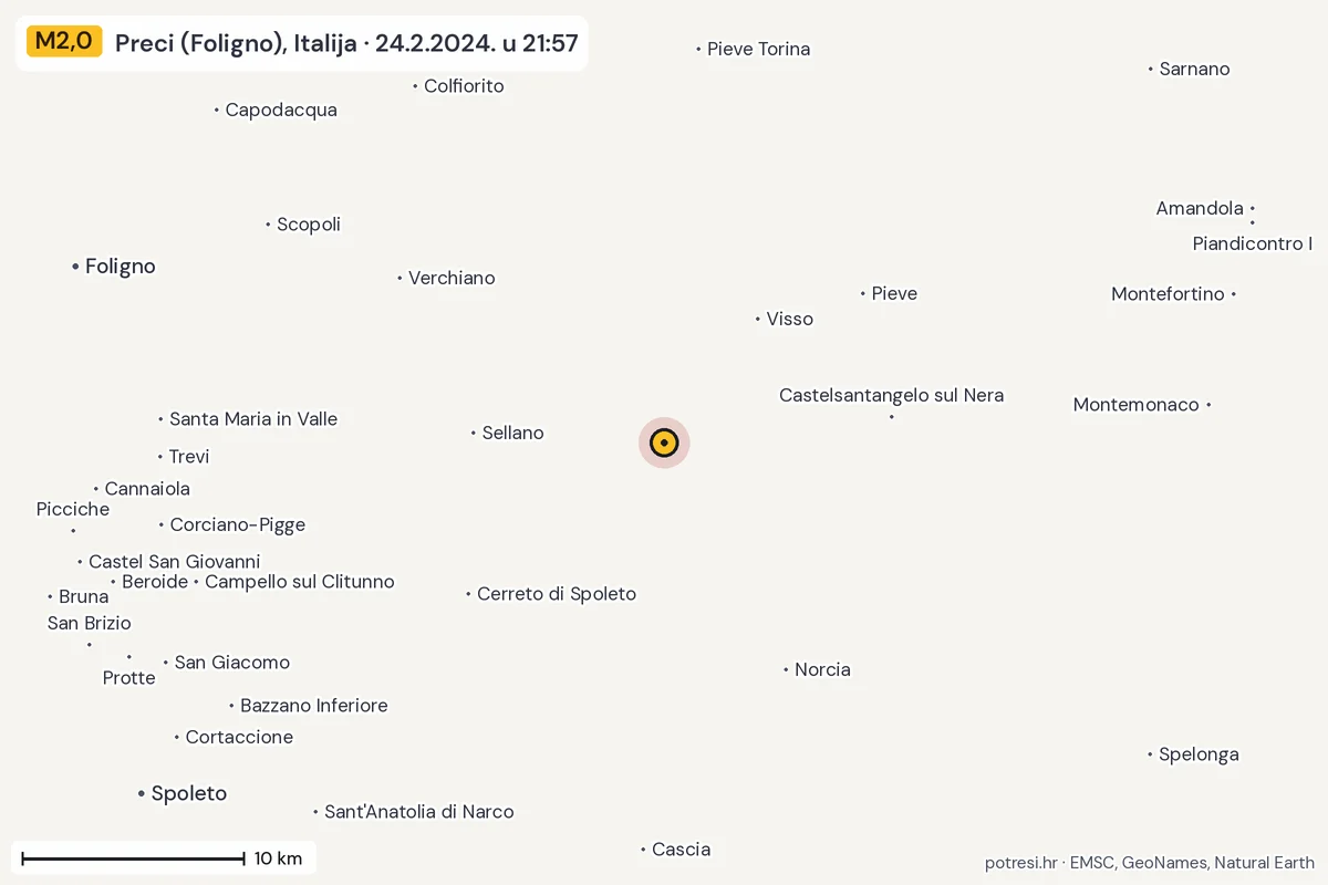 Karta: okolica epicentra, 60 km, potres M2,0, Preci (Foligno), Italija, 24.2.2024.
