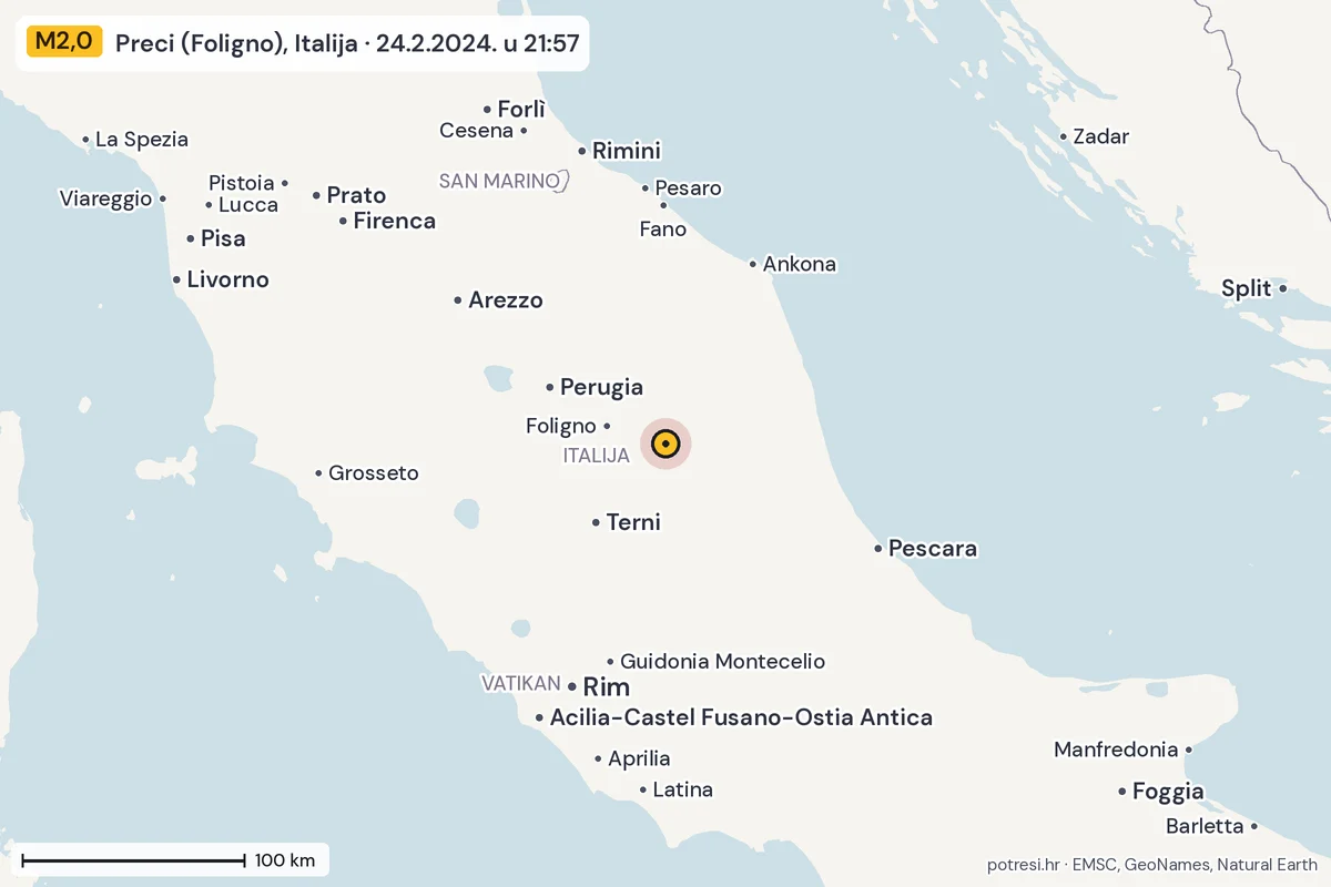 Karta: šire područje, 600 km, potres M2,0, Preci (Foligno), Italija, 24.2.2024.