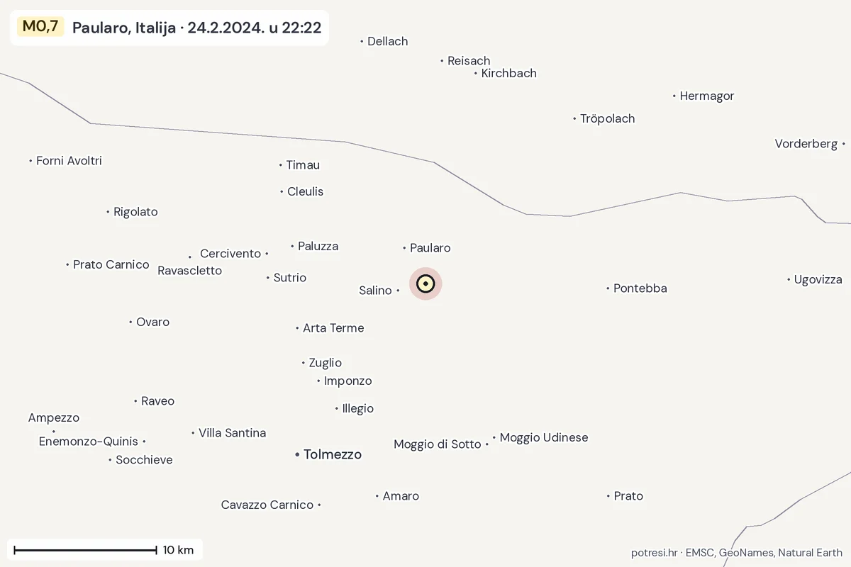 Karta: okolica epicentra, 60 km, potres M0,7, Paularo, Italija, 24.2.2024.