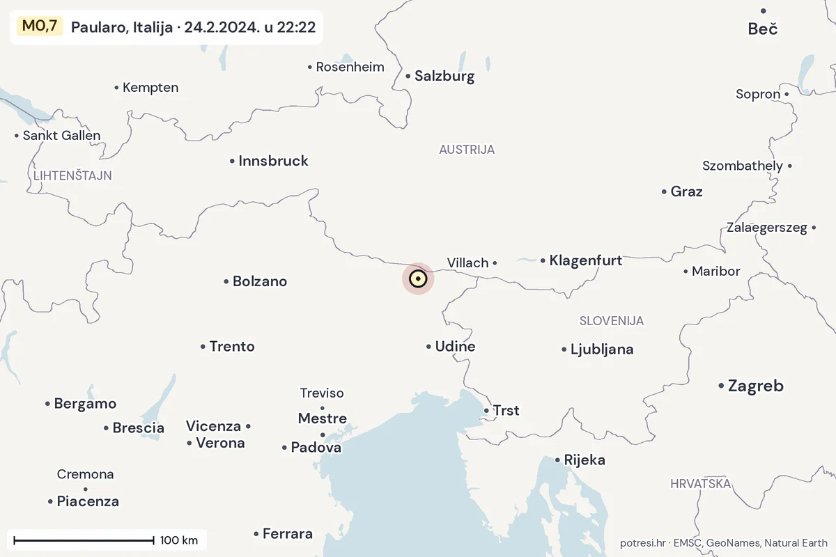 Karta: šire područje, 600 km, potres M0,7, Paularo, Italija, 24.2.2024.