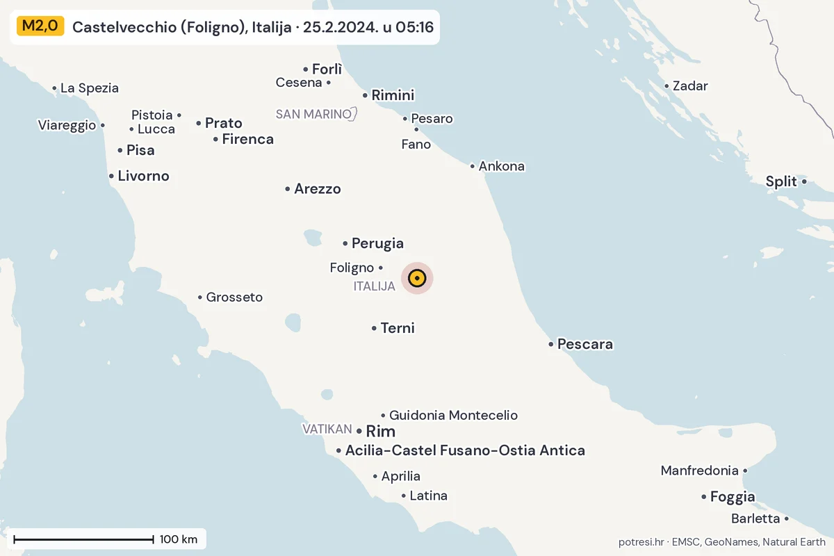 Karta: šire područje, 600 km, potres M2,0, Castelvecchio (Foligno), Italija, 25.2.2024.