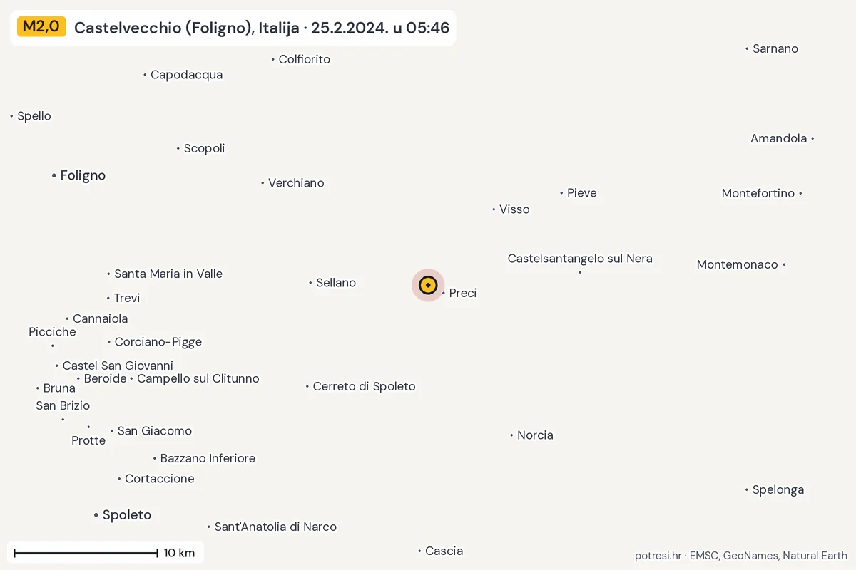 Karta: okolica epicentra, 60 km, potres M2,0, Castelvecchio (Foligno), Italija, 25.2.2024.