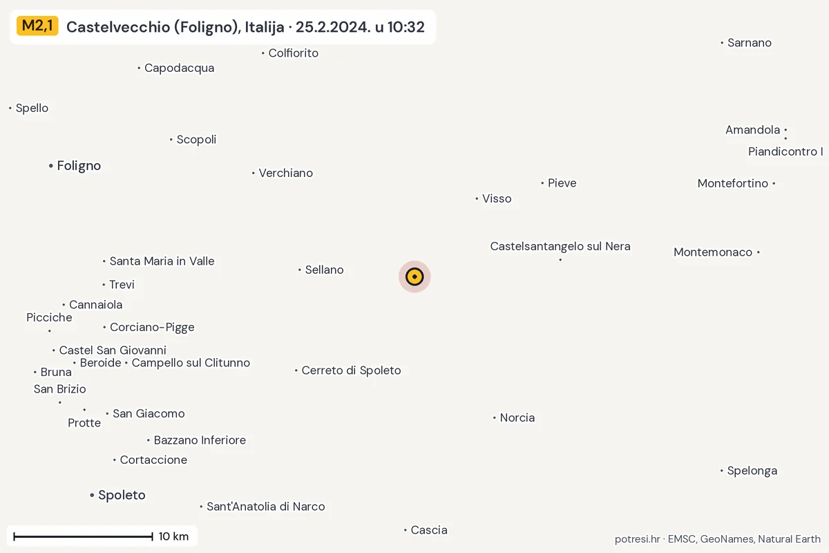 Karta: okolica epicentra, 60 km, potres M2,1, Castelvecchio (Foligno), Italija, 25.2.2024.