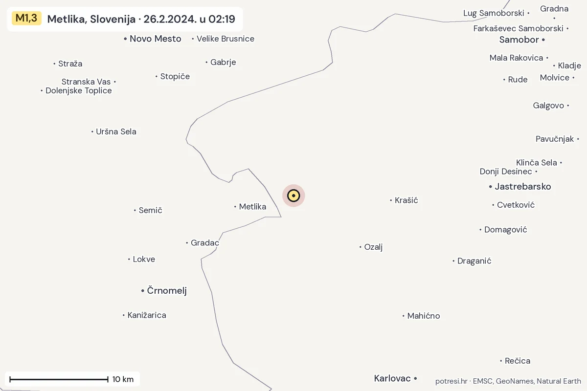 Karta: okolica epicentra, 60 km, potres M1,3, Metlika, Slovenija, 26.2.2024.