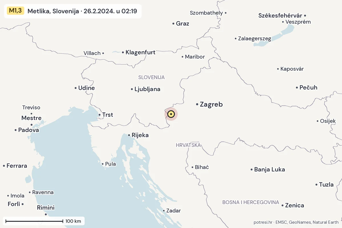 Karta: šire područje, 600 km, potres M1,3, Metlika, Slovenija, 26.2.2024.