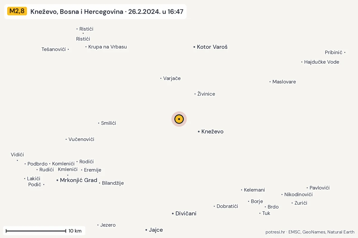 Karta: okolica epicentra, 60 km, potres M2,8, Kneževo, Bosna i Hercegovina, 26.2.2024.