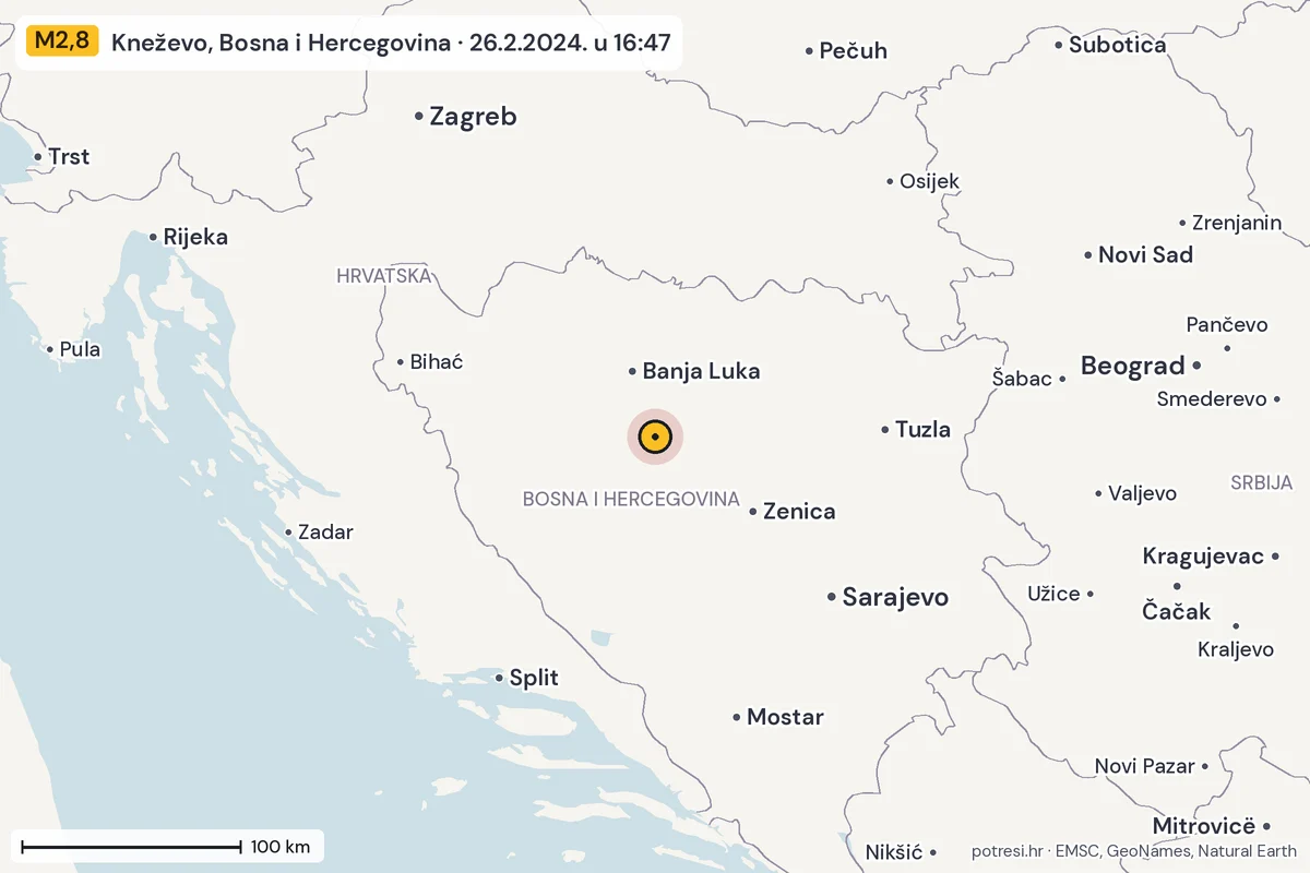 Karta: šire područje, 600 km, potres M2,8, Kneževo, Bosna i Hercegovina, 26.2.2024.