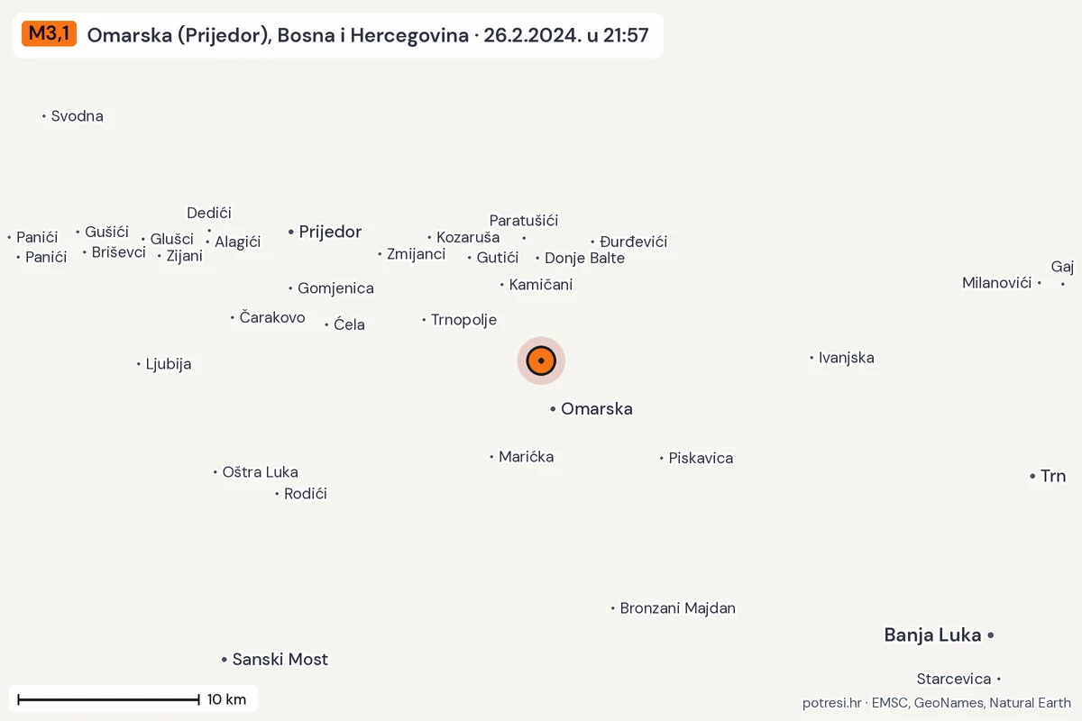 Karta: okolica epicentra, 60 km, potres M3,1, Omarska (Prijedor), Bosna i Hercegovina, 26.2.2024.