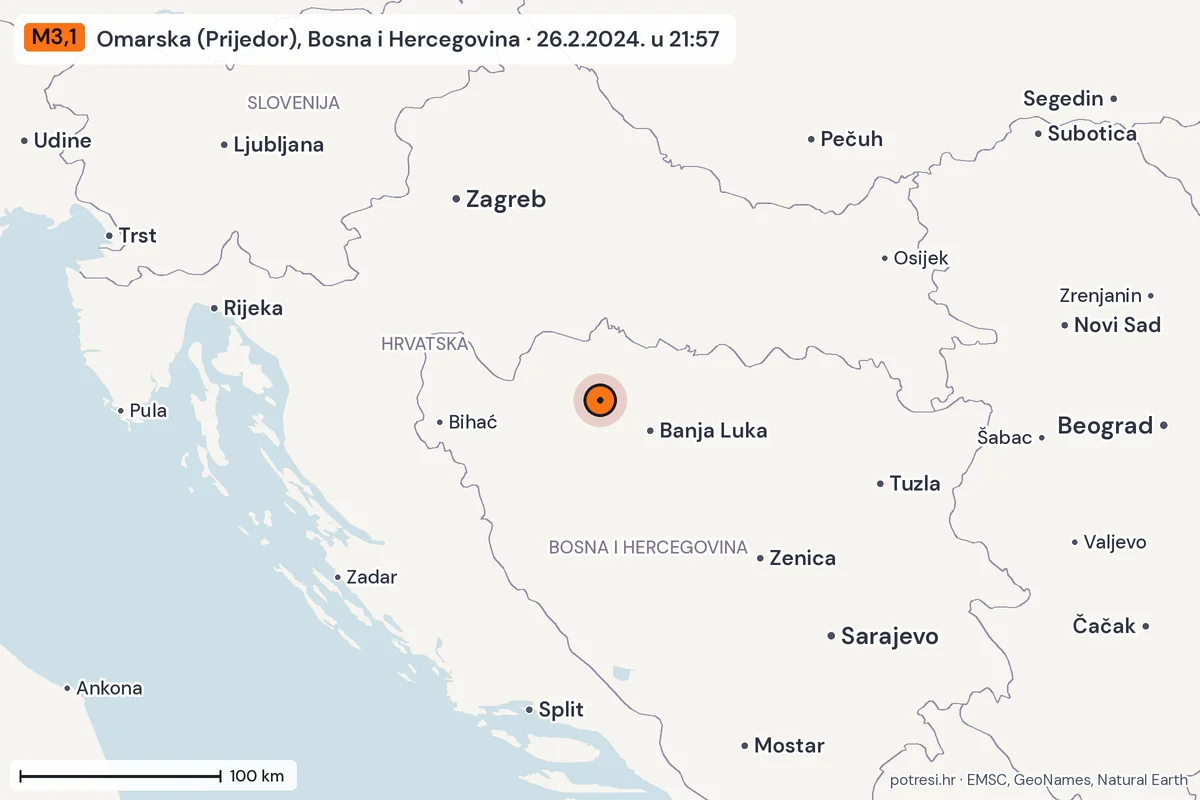 Karta: šire područje, 600 km, potres M3,1, Omarska (Prijedor), Bosna i Hercegovina, 26.2.2024.