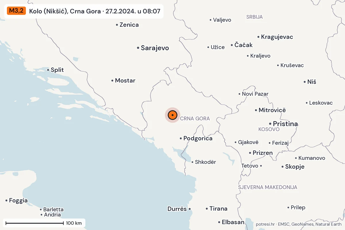 Karta: šire područje, 600 km, potres M3,2, Kolo (Nikšić), Crna Gora, 27.2.2024.