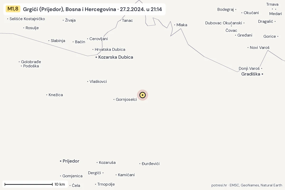Karta: okolica epicentra, 60 km, potres M1,8, Grgići (Prijedor), Bosna i Hercegovina, 27.2.2024.