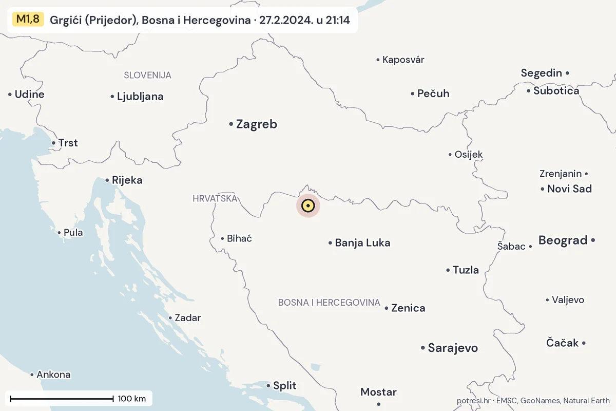 Karta: šire područje, 600 km, potres M1,8, Grgići (Prijedor), Bosna i Hercegovina, 27.2.2024.