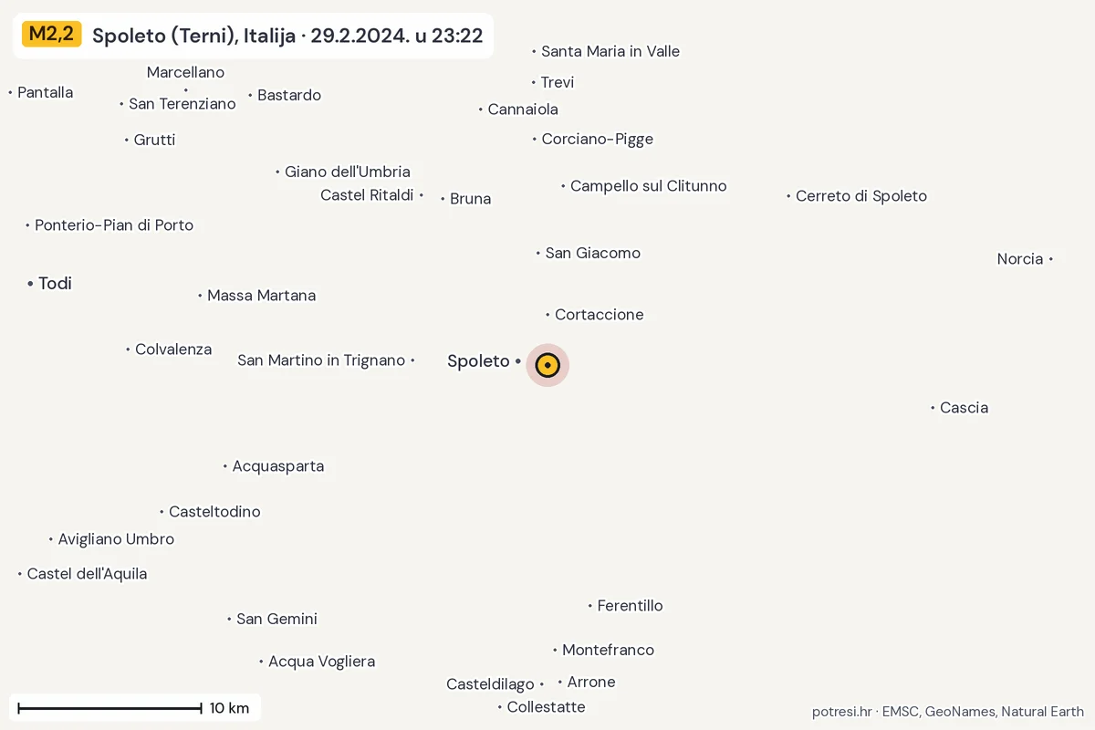 Karta: okolica epicentra, 60 km, potres M2,2, Spoleto (Terni), Italija, 29.2.2024.