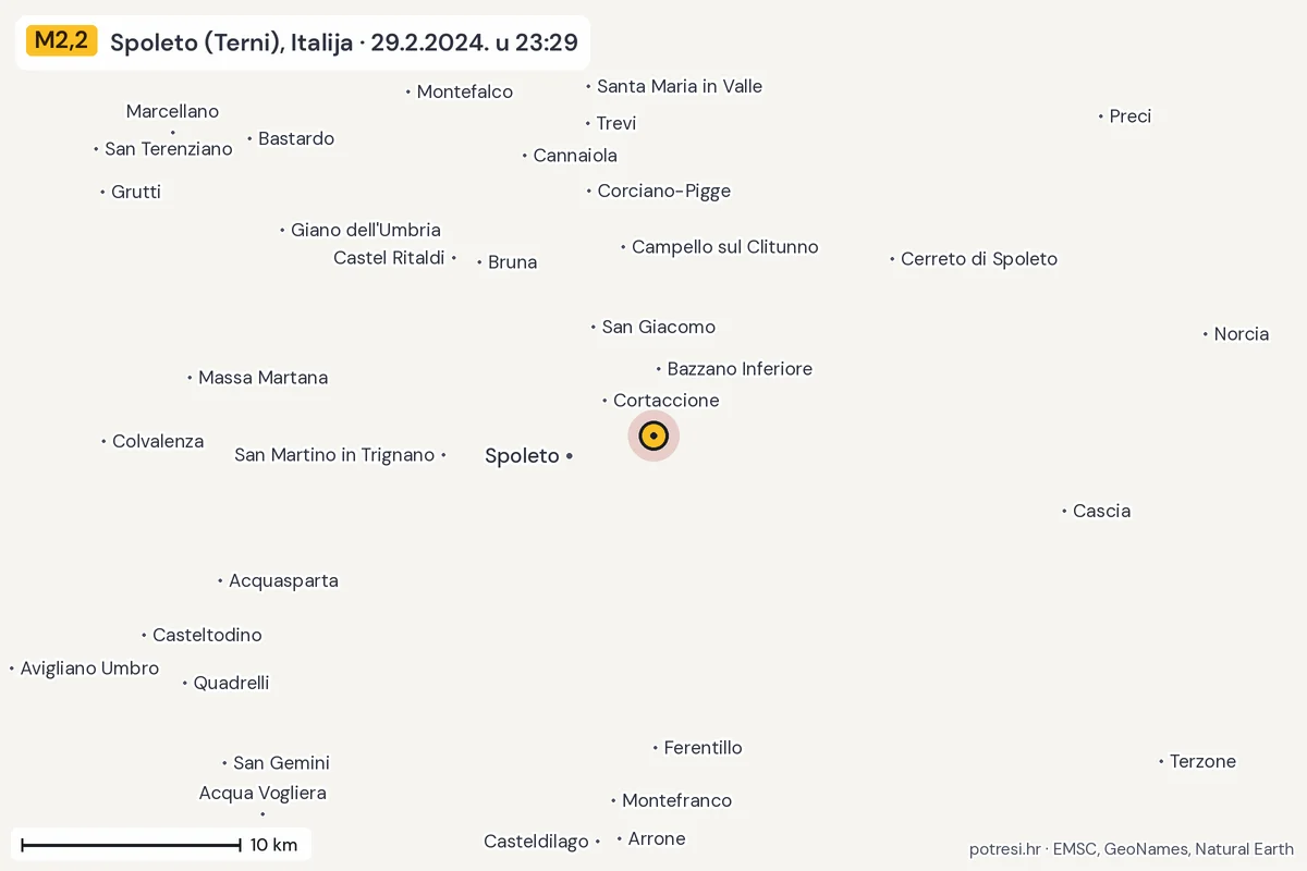 Karta: okolica epicentra, 60 km, potres M2,2, Spoleto (Terni), Italija, 29.2.2024.