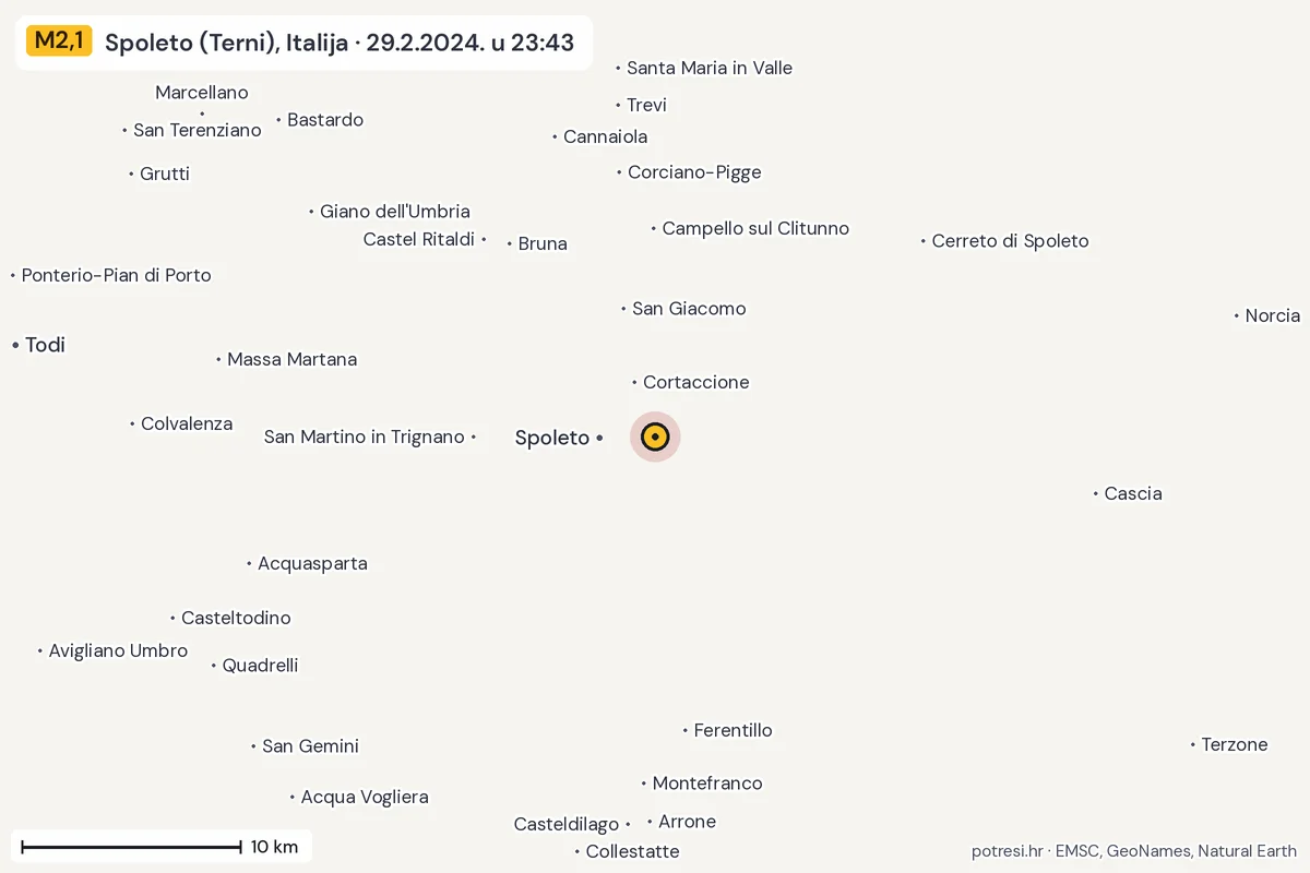 Karta: okolica epicentra, 60 km, potres M2,1, Spoleto (Terni), Italija, 29.2.2024.