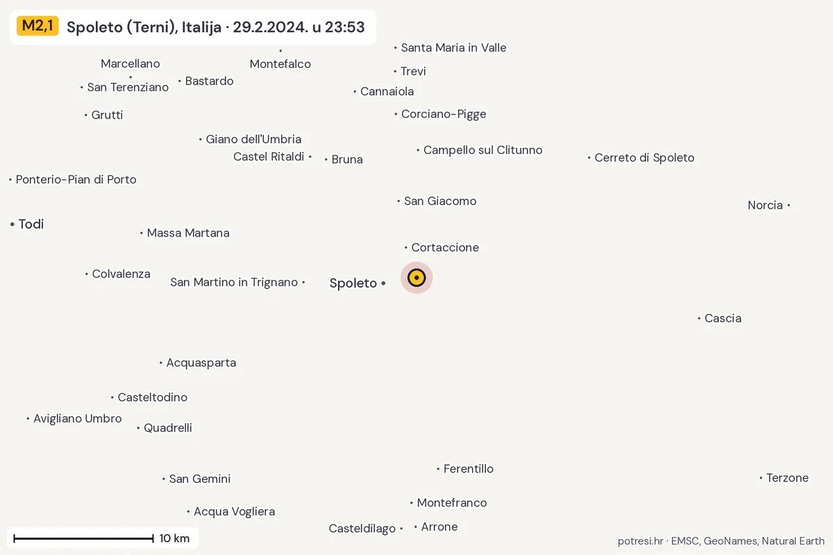 Karta: okolica epicentra, 60 km, potres M2,1, Spoleto (Terni), Italija, 29.2.2024.