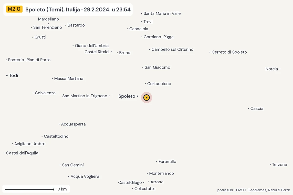 Karta: okolica epicentra, 60 km, potres M2,0, Spoleto (Terni), Italija, 29.2.2024.