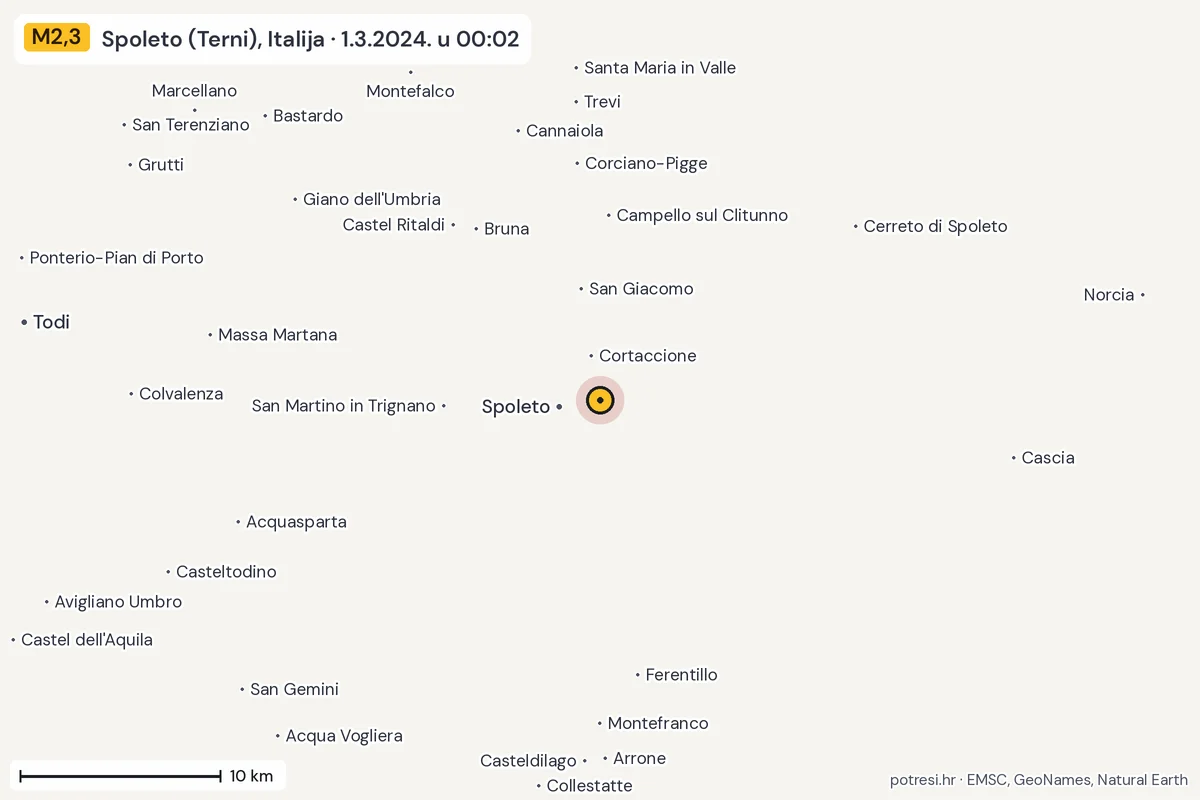 Karta: okolica epicentra, 60 km, potres M2,3, Spoleto (Terni), Italija, 1.3.2024.
