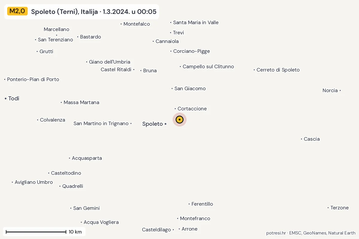 Karta: okolica epicentra, 60 km, potres M2,0, Spoleto (Terni), Italija, 1.3.2024.