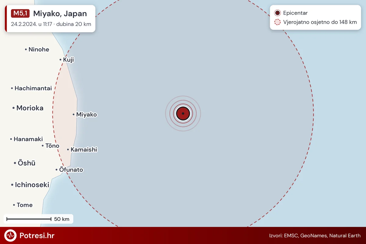 Karta: šire područje i vjerojatni doseg osjeta, potres M5,1, Miyako, Japan, 24.2.2024.