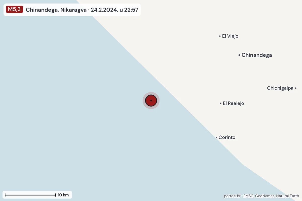 Karta: okolica epicentra, 60 km, potres M5,3, Chinandega, Nikaragva, 24.2.2024.