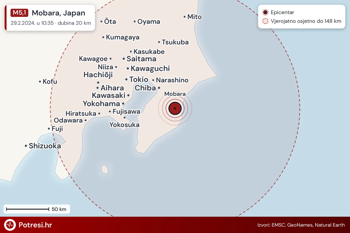 Karta: šire područje i vjerojatni doseg osjeta, potres M5,1, Mobara, Japan, 29.2.2024.