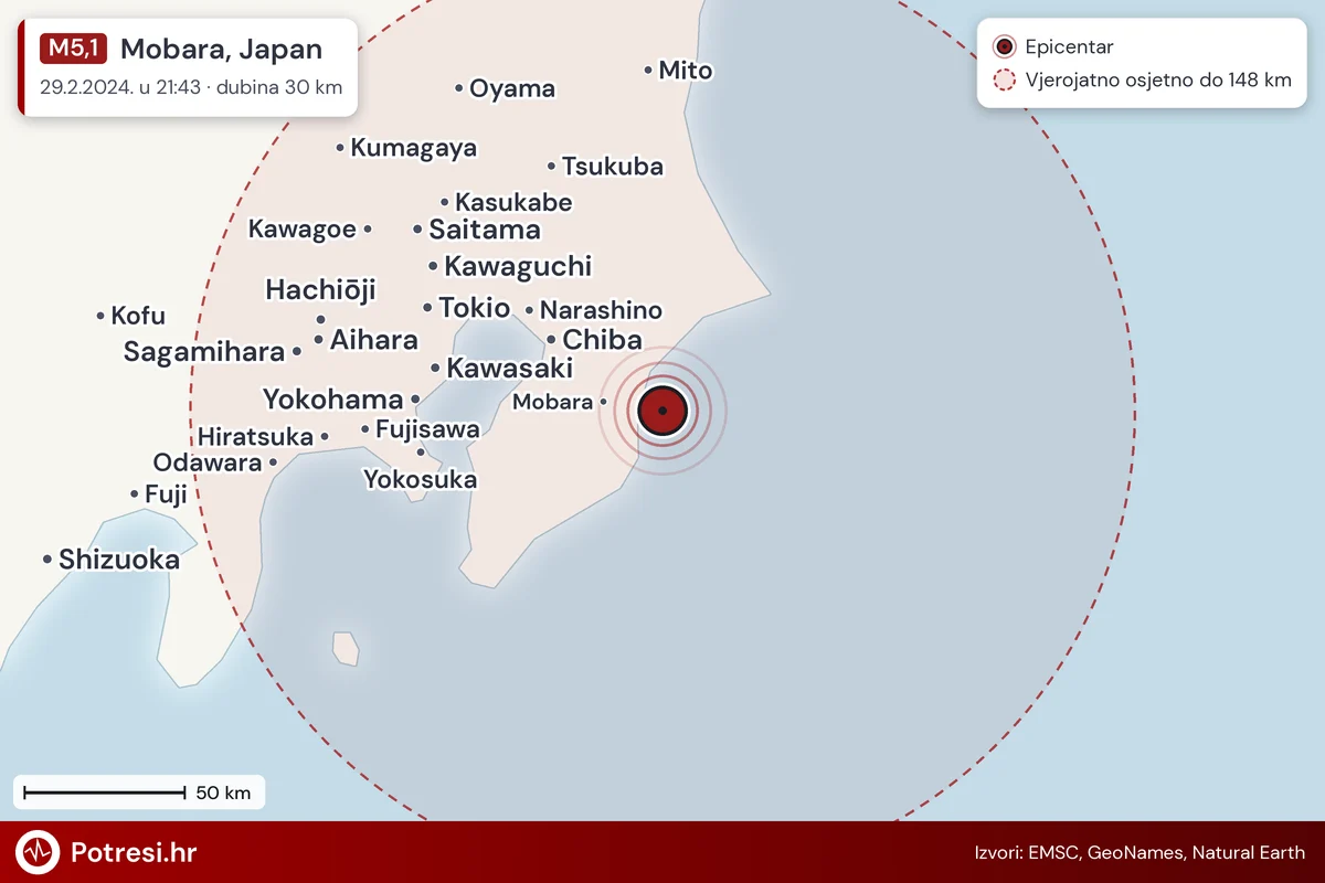Karta: šire područje i vjerojatni doseg osjeta, potres M5,1, Mobara, Japan, 29.2.2024.